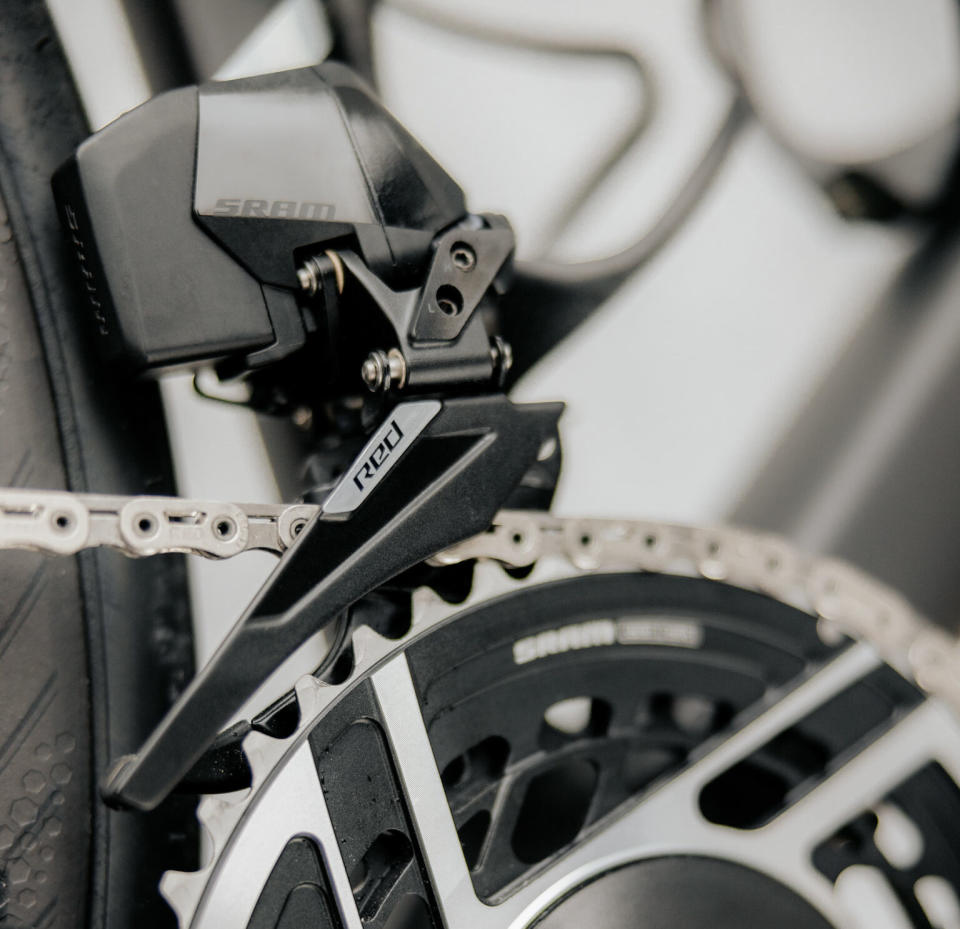 closeup of new SRAM RED AXS 2x road group front derailleur.