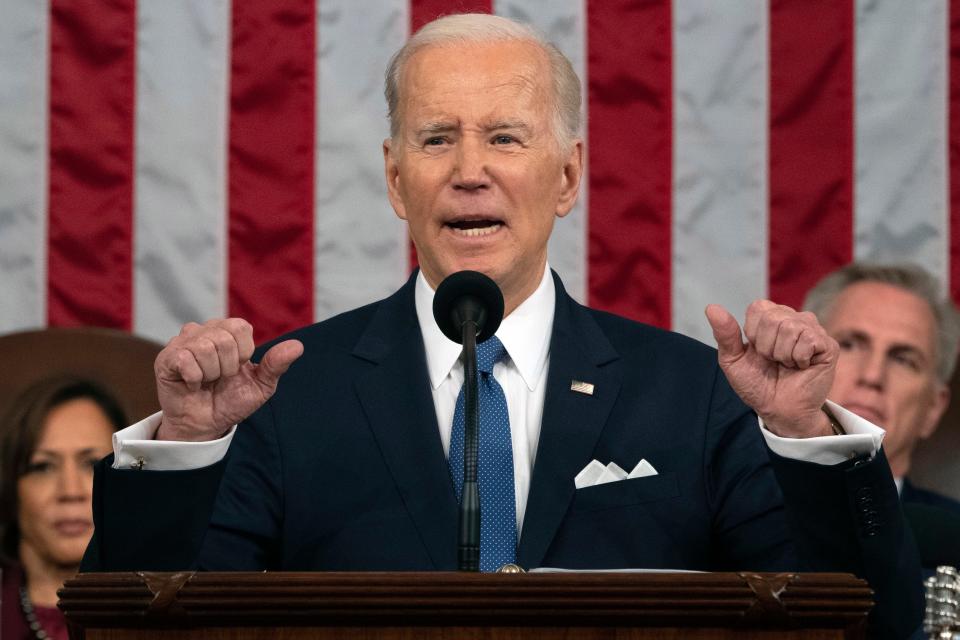 U.S. President Joe Biden delivers the State of the Union address to a joint session of Congress as Vice President Kamala Harris and House Speaker Kevin McCarthy (R-CA) listen on February 7, 2023 in the House Chamber of the U.S. Capitol in Washington, DC.