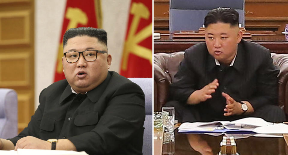 Kim Jong-un is pictured in February on the left. He is pictured again on the right on Monday.  