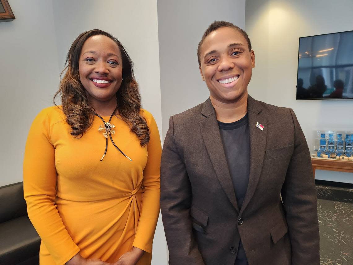 North Carolina state Sen. Natalie Murdock, left, and Rep. Vernetta Alston, right, pictured at The News & Observer on Feb. 2, 2023, after being guests on the Under the Dome podcast. Murdock and Alston are both Durham, N.C., Democrats.