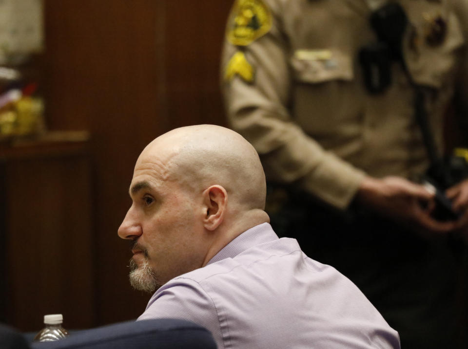 Michael Gargiulo, listens to his defence attorney Daniel Nardoni's opening statement in Los Angeles Superior Court. Source: AP