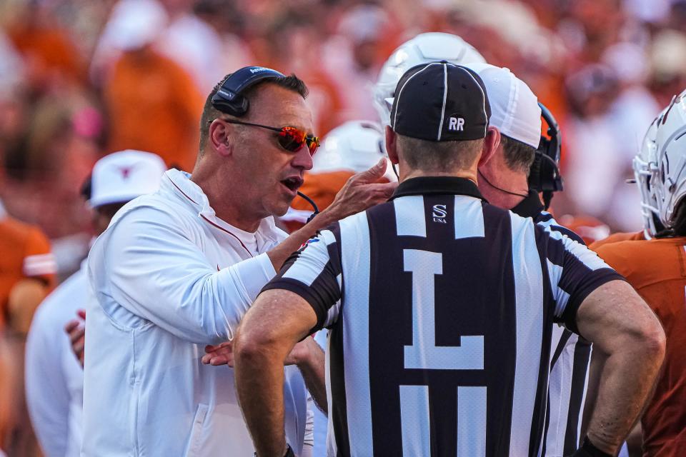 Texas Longhorns head coach Steve Sarkisian argues with officials during the game against Mississippi State at Darrell K Royal-Texas Memorial Stadium in Austin Saturday, Sept. 28, 2024.