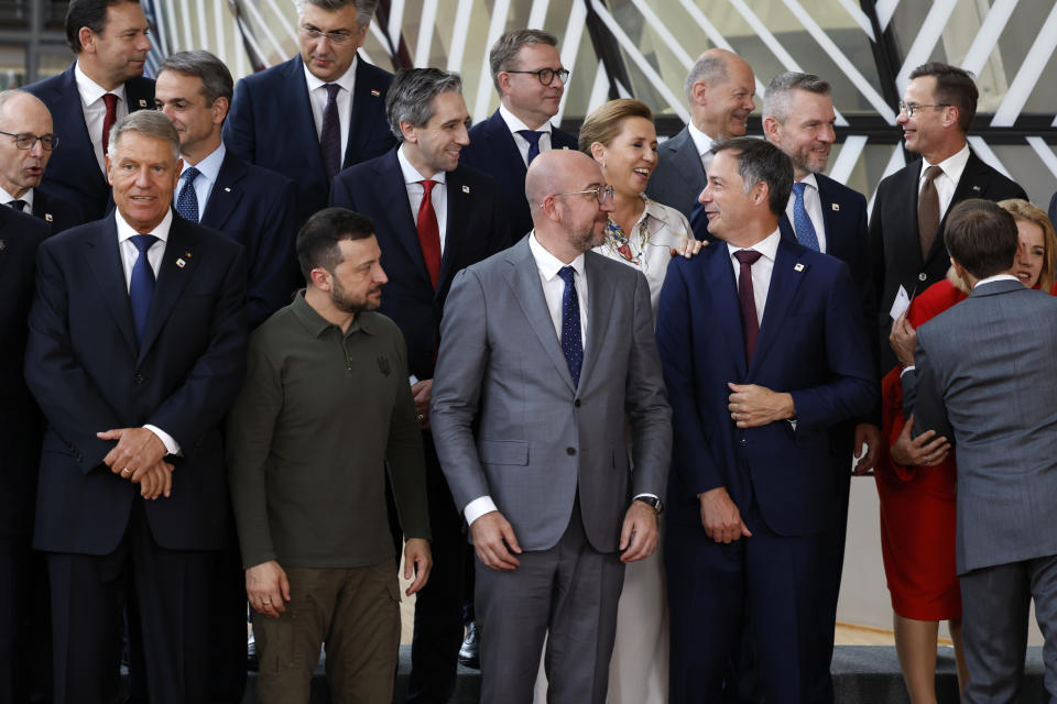 Front fow left to right, Romania's President Klaus Werner Ioannis, Ukraine's President Volodymyr Zelenskyy, European Council President Charles Michel, Belgium's Prime Minister Alexander De Croo, Latvia's Prime Minister Evika Silina and French President Emmanuel Macron during a group photo at an EU summit in Brussels, Thursday, June 27, 2024. European Union leaders are expected on Thursday to discuss the next EU top jobs, as well as the situation in the Middle East and Ukraine, security and defence and EU competitiveness. (AP Photo/Geert Vanden Wijngaert)