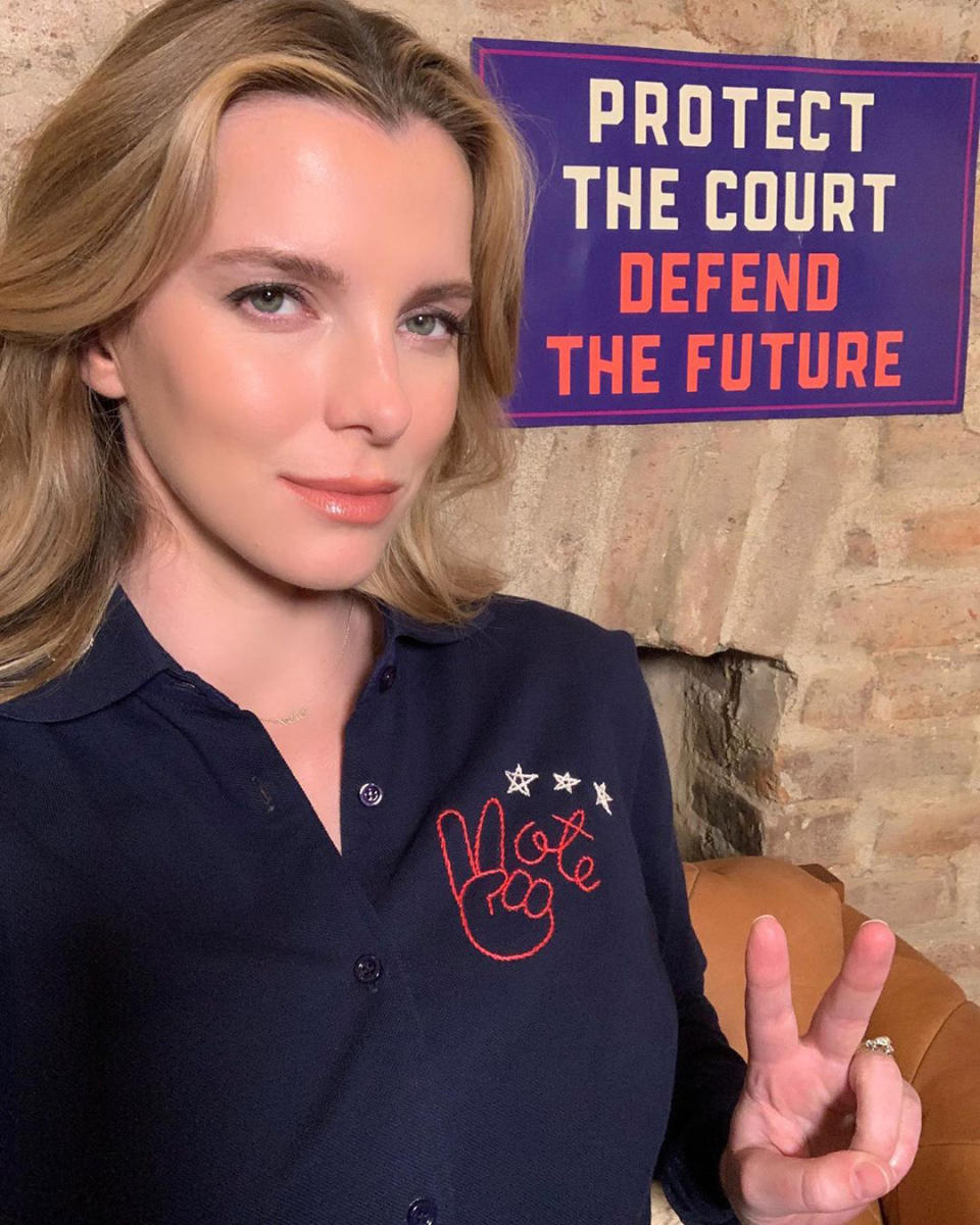 <p>Thanks to the "Protect the Court" sign behind the <em>GLOW</em> actress and her Lingua Franca vote tee (which was <a href="https://www.instagram.com/p/CFZrZ9HBk7C/" rel="nofollow noopener" target="_blank" data-ylk="slk:embroidered with the words "Biden/Harris";elm:context_link;itc:0;sec:content-canvas" class="link ">embroidered with the words "Biden/Harris"</a> on the inside of the collar!) viewers got her message loud and clear.</p> <p>The nominee even added a Jennifer Meyer "vote" necklace for a nice finishing touch to her 2020 Emmys look.</p>
