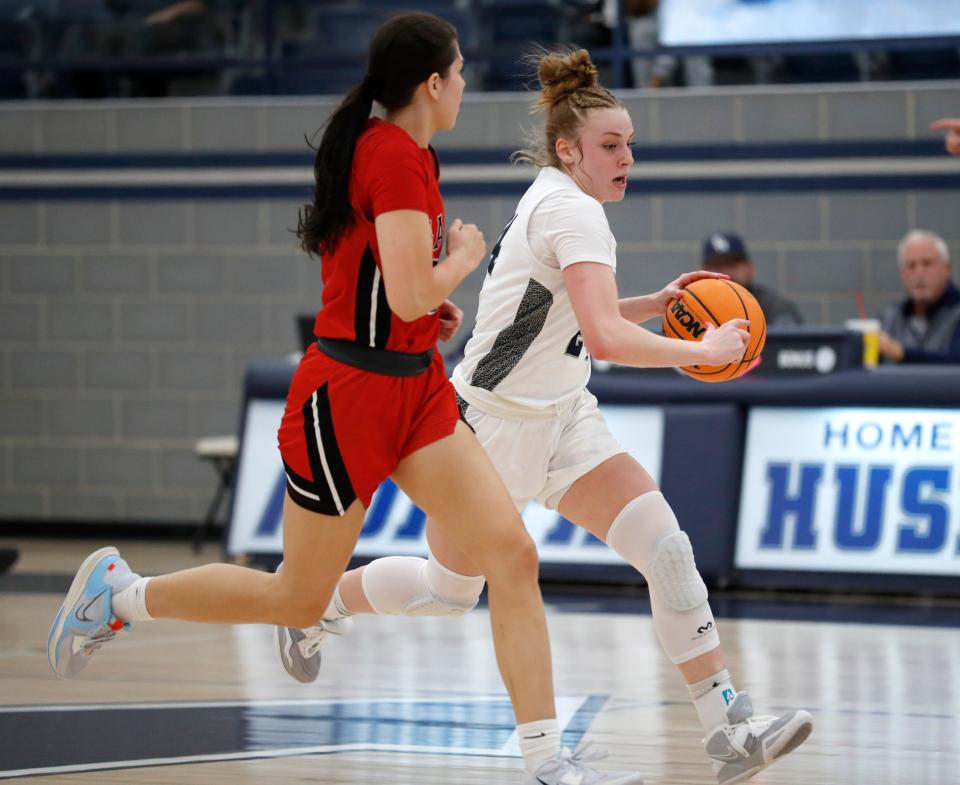 Edmond North's Laci Steele dribbles up court during the girls high school basketball game between Edmond North and Westmoore at Edmond North High School in Edmond, Okla., Friday, Feb.3, 2023. 