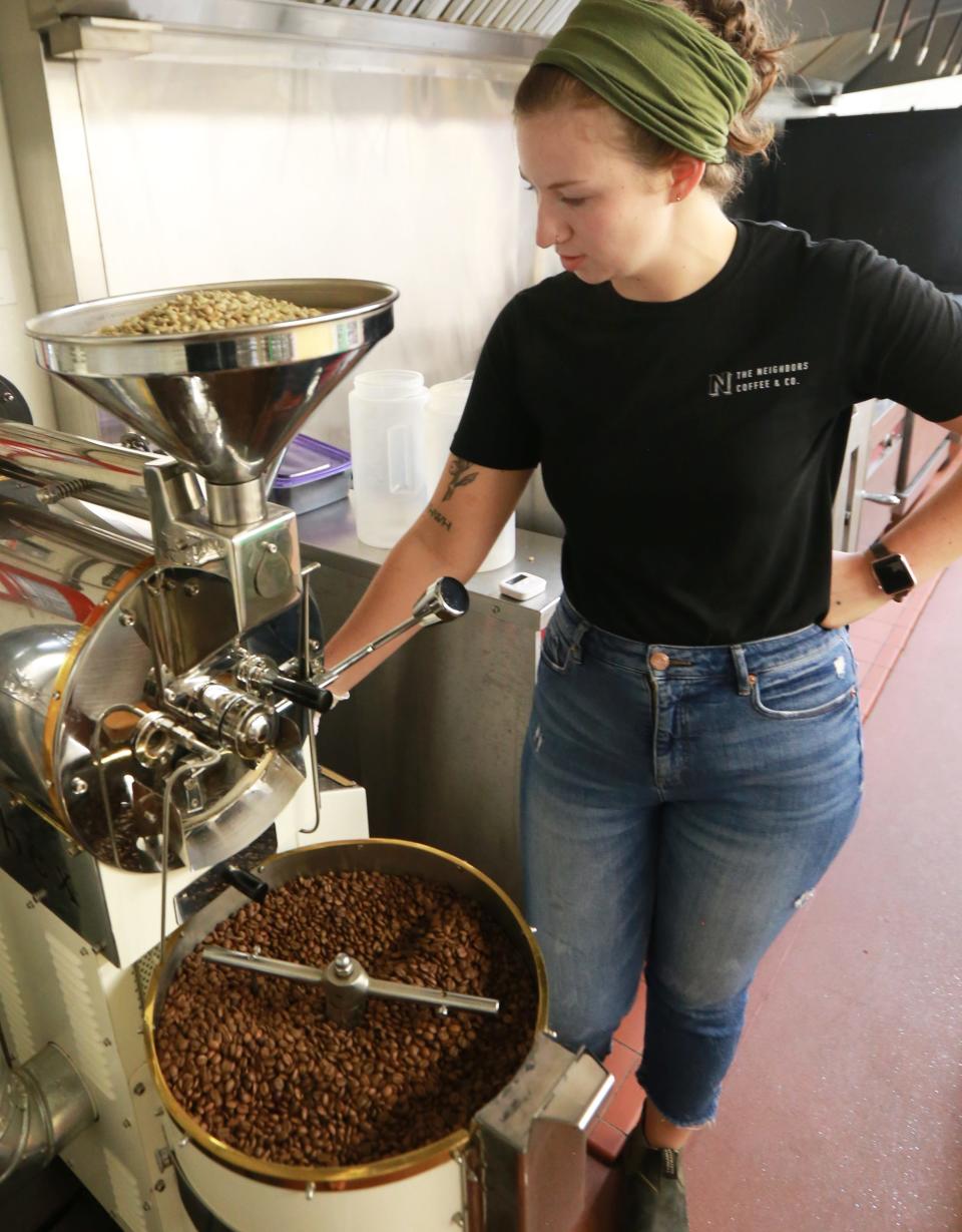 Taunton resident Rachel Correia, owner of the Neighbors Coffee and Co., preps a batch of fresh-roasted coffee at the Dartmouth Grange 126 community kitchen on Wednesday, Sept. 21, 2022.