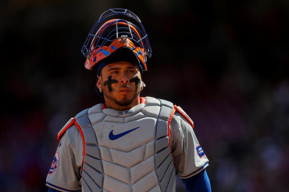 New York Mets catcher Francisco Alvarez (4) during the seventh inning against the Cincinnati Reds on April 7, 2024, at Great American Ball Park.