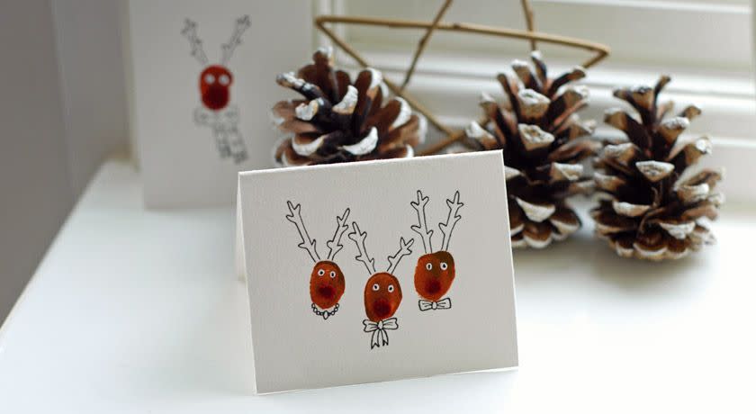 <p>Another fun idea for little ones: These silly reindeer are made with a thumbprint. They might need your help for the illustrated details, but we think kid-made drawings are even more charming. </p><p><em><a href="https://stayandroam.blog/handmade-reindeer-christmas-cards/" rel="nofollow noopener" target="_blank" data-ylk="slk:See more at Gemma Garner »" class="link rapid-noclick-resp">See more at Gemma Garner »</a></em><br></p>