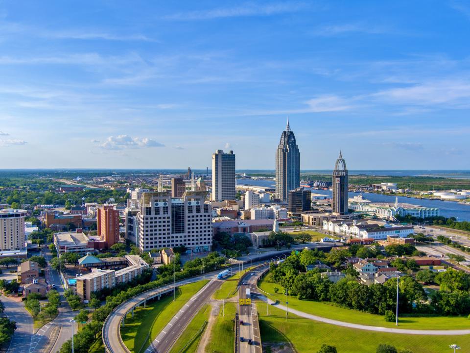 The skyline of downtown Mobile, Alabama.