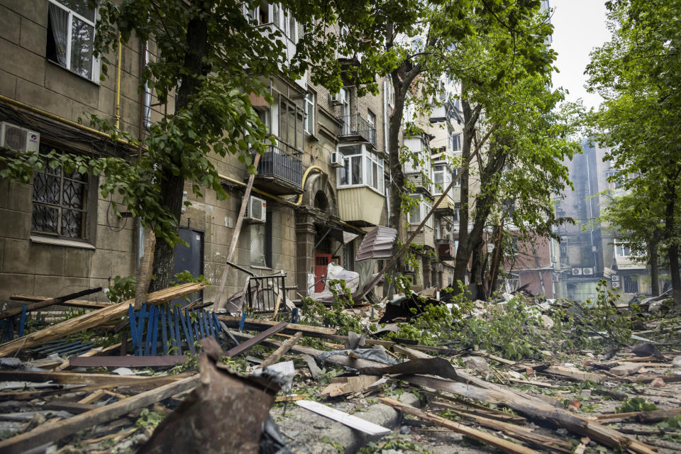 In this photo provided by the Dnipropetrovsk Regional Military Administration, a view of the damage after Russia's attack on residential building in Dnipro, Ukraine, Friday, April 19, 2024. (Dnipropetrovsk Regional Military Administration via AP Photo)