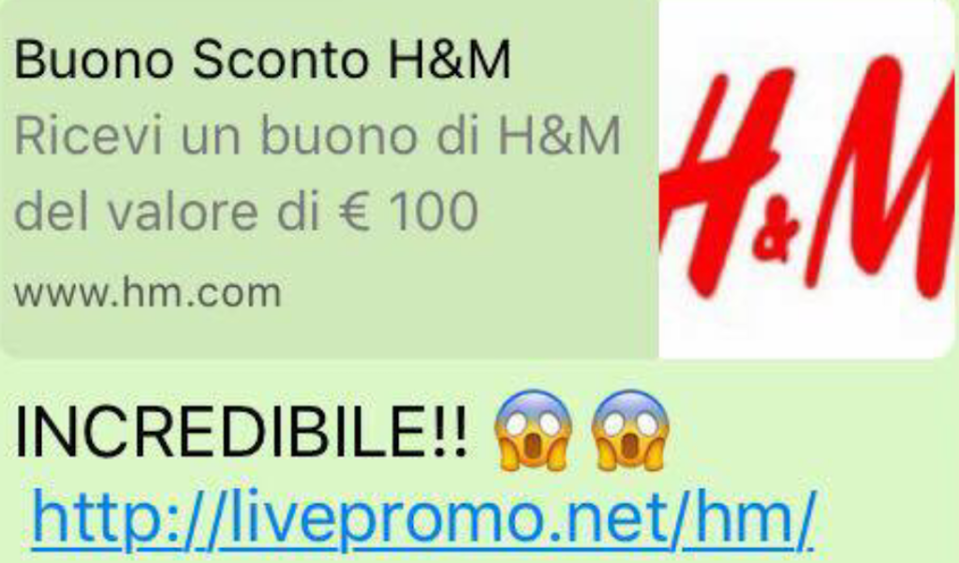 Da qualche giorno circola online – tramite Whatsapp – un messaggio con un buono di ben 100 euro per fare acquisti sul sito di H&M, la famosa catena di moda.