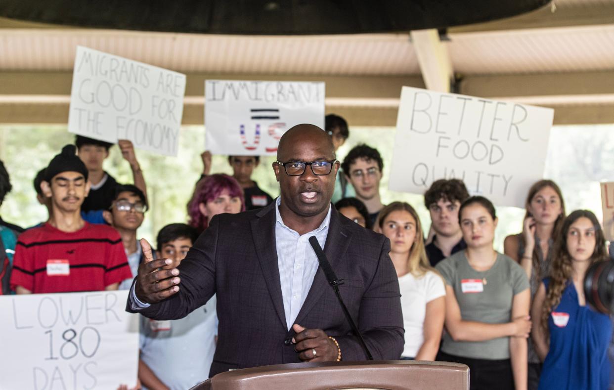 Rep. Jamaal Bowman, who represents New YorkÕs 17th Congressional District, speaks at Macy Park in Ardsley Aug. 15, 2023 about issues facing asylum seekers, and especially those who have been sent from New York City to Westchester County. He was joined by several dozen members of the Greenburgh Town Hall Summer Internship Program, who are working with asylum seekers who are being housed at the Ardsley Acres Motel. 