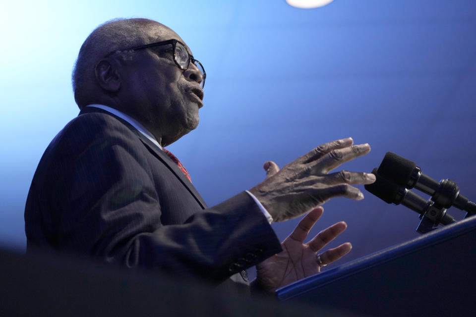 Rep. Jim Clyburn, D-S.C., speaks at South Carolina's First in the Nation dinner at the South Carolina State Fairgrounds in Columbia, S.C., Saturday, Jan. 27, 2024. (AP Photo/Jacquelyn Martin)