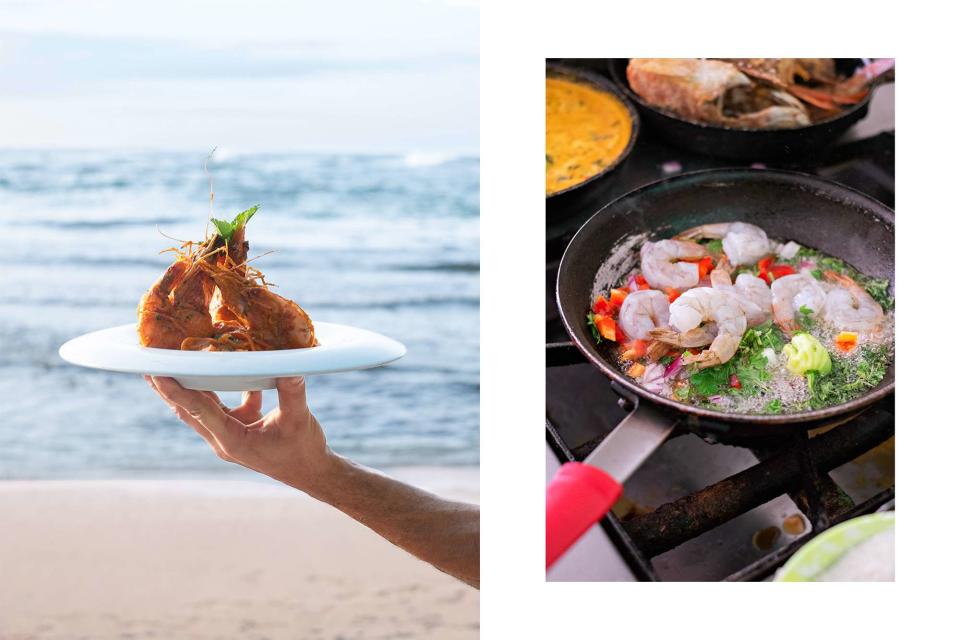 <p>Ozzie Hoppe</p> From left: Carrot "noodles" with garlic shrimp at Salsa Brava; preparing a shrimp dish at Cahuita