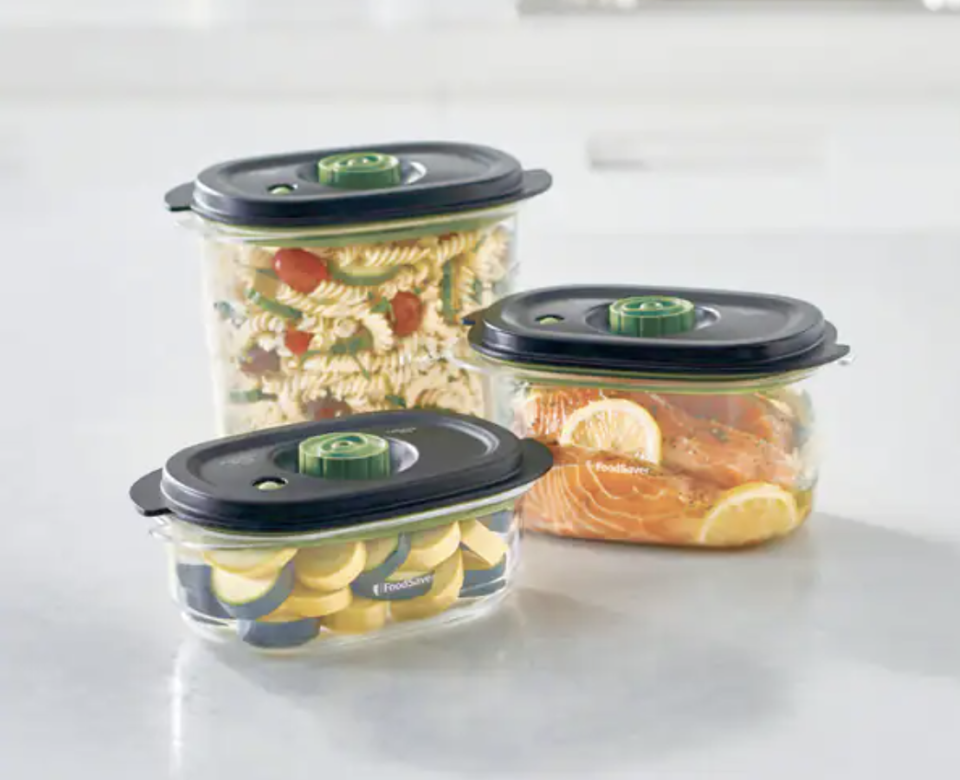 three pieces of tupperware with food, FoodSaver Marinating Containers Set (Photo via Amazon)