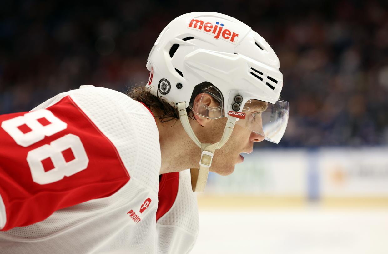 Detroit Red Wings right wing Patrick Kane looks on against the Tampa Bay Lightning during the second period at Amalie Arena in Tampa, Florida on April 1, 2024.