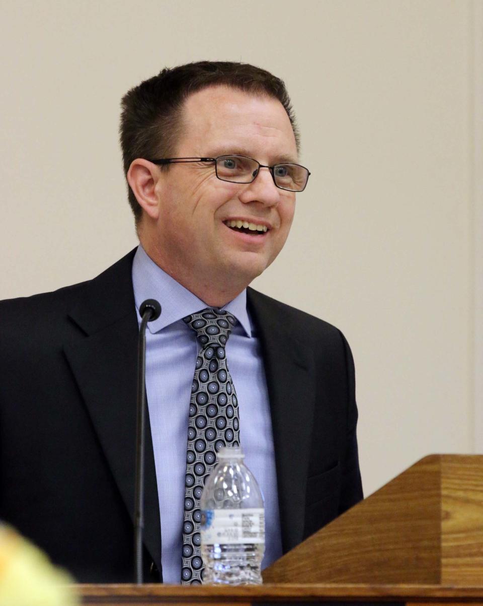 Then Sheboygan city council president Todd Wolf smiles in the chambers Tuesday April 18, 2017 at city hall in Sheboygan, Wis.