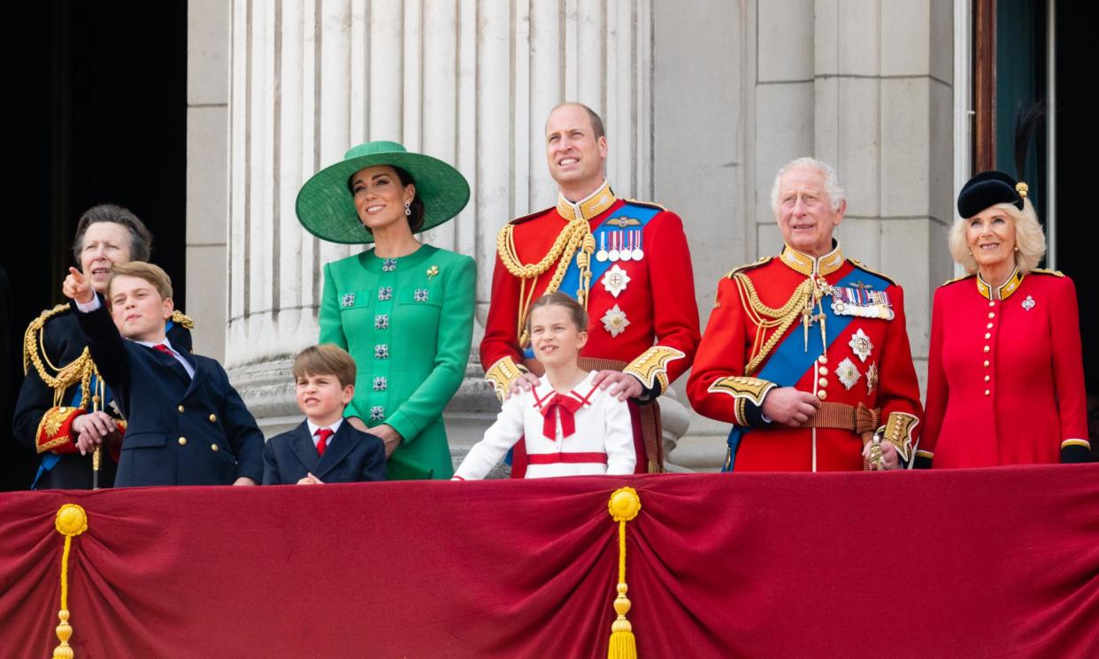 <span>Princess Anne, the Princess Royal, Princes George and Louis, the Princess of Wales, Princess Charlotte, Prince William, King Charles and Queen Camilla during Trooping the Colour last June.</span><span>Photograph: Samir Hussein/WireImage</span>