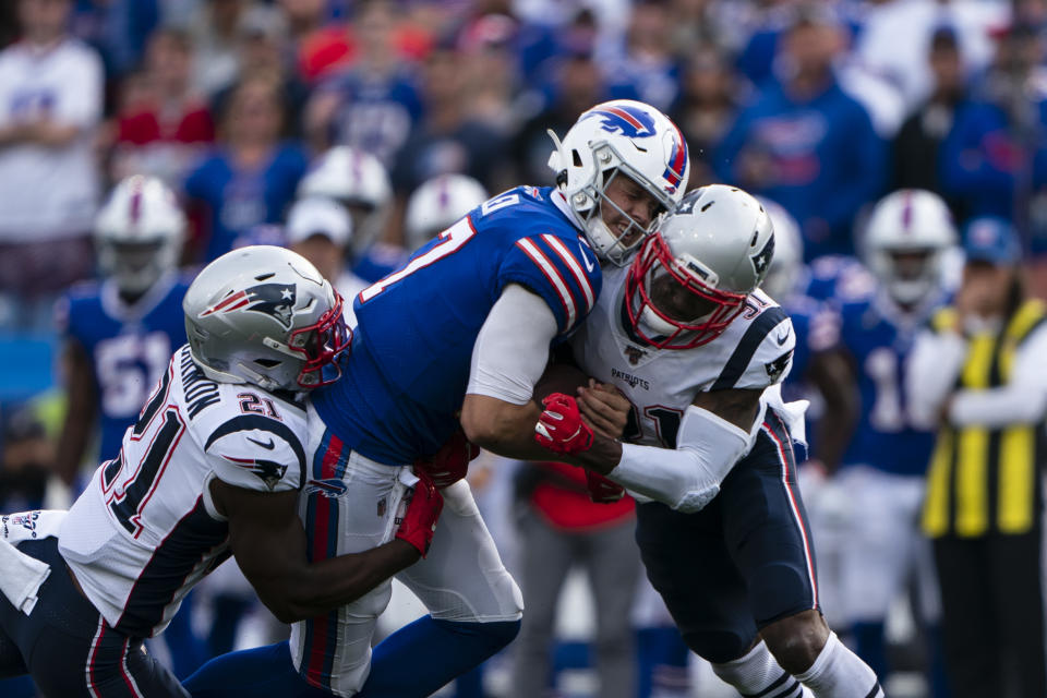 A violent hit on Josh Allen raised questions about why Jonathan Jones wasn't ejected. (Getty)