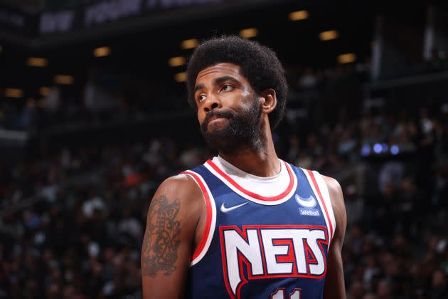 BROOKLYN, NY - APRIL 25: Kyrie Irving #11 of the Brooklyn Nets looks on during Round 1 Game 4 of the 2022 NBA Playoffs on April 25, 2022 at Barclays Center in Brooklyn, New York. (Photo: Nathaniel S. Butler via Getty Images)