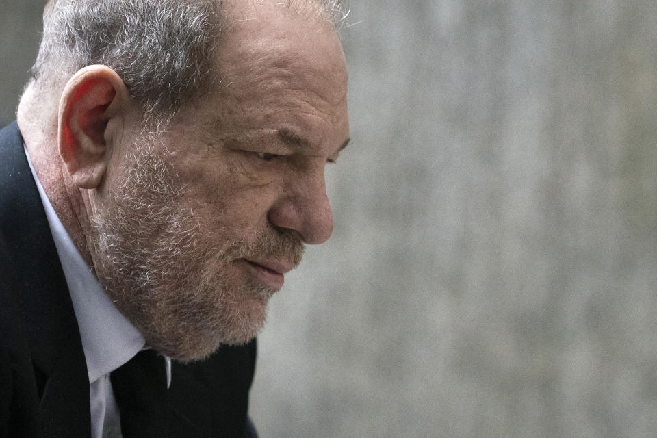 Harvey Weinstein arrives at a Manhattan courthouse to attend jury selection in his trial on rape and sexual assault charges, in New York, Thursday, Jan. 16, 2020. (AP Photo/Mark Lennihan)