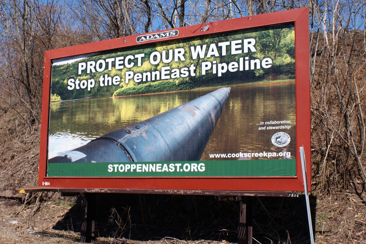 The Cooks Creek Watershed Association and Stop the PennEast Pipeline teamed up to erect a billboard in Kintnersville, Pa. (Photo courtesy of Mike Spille)