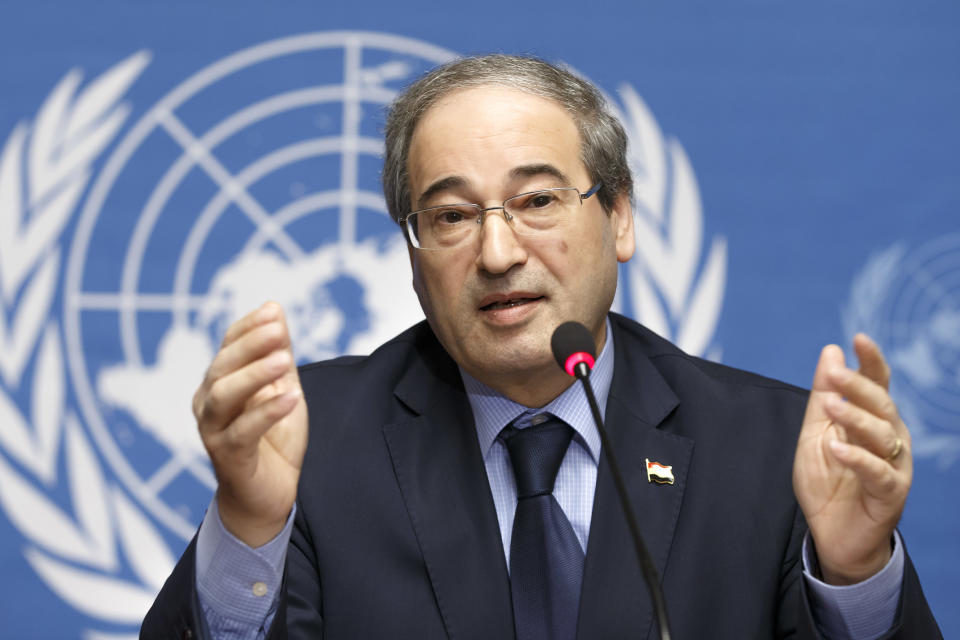 Syrian Deputy Foreign Minister Faisal Meqdad speaks to the media during a news conference after the second round of negotiations between the Syrian government and the opposition at the European headquarters of the United Nations, in Geneva, Switzerland, Friday, Feb. 14, 2014. (AP Photo/Keystone, Salvatore Di Nolfi)