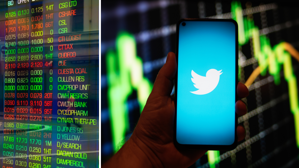 The ASX board showing company price changes and a person holding a smart phone with the Twitter logo on it.