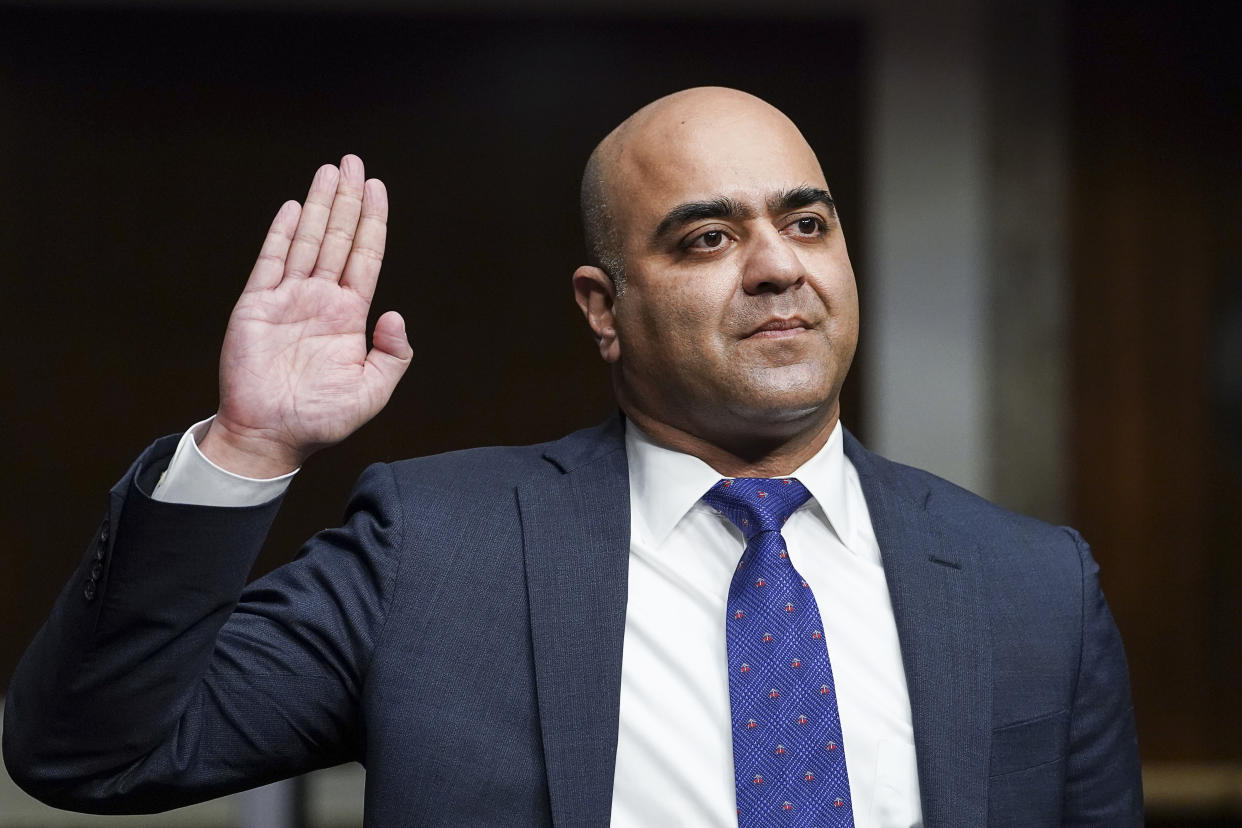 Zahid Quraishi is sworn in during a Senate Judiciary Committee hearing on Capitol Hill in Washington. (Kevin Lamarque/Pool via AP)