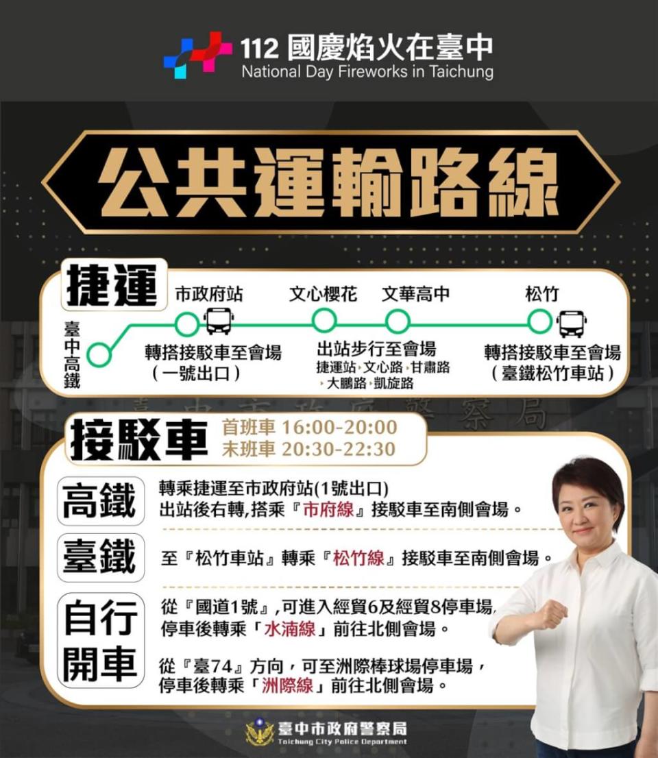 112年國慶焰火10日晚間將在台中市中央公園施放，為確保交通車流順暢，警方呼籲民眾儘量搭乘大眾交通工具到場，並製作圖卡加強宣傳。（圖／台中市政府警察局提供）