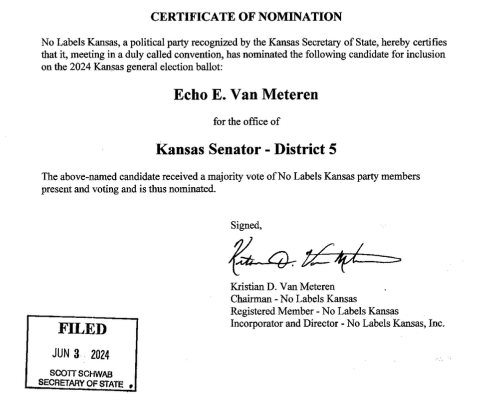 The certificate of nomination filed by Kris Van Meteren for Echo Van Meteren.