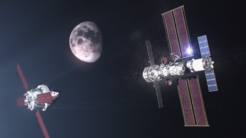 Conceptual view showing NASA’s Orion spacecraft approaching the full Gateway configuration.