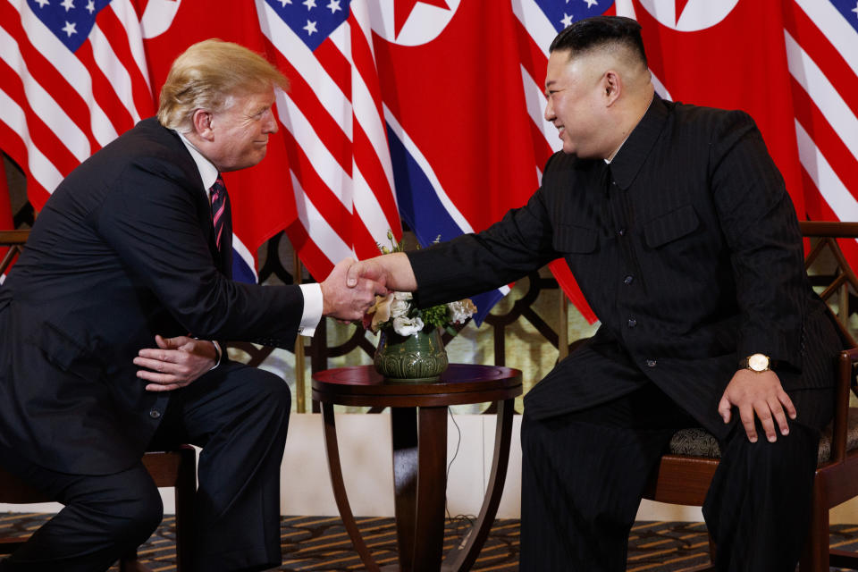 President Trump shakes hands with North Korean leader Kim Jong Un in Hanoi on Wednesday. (AP Photo/ Evan Vucci)