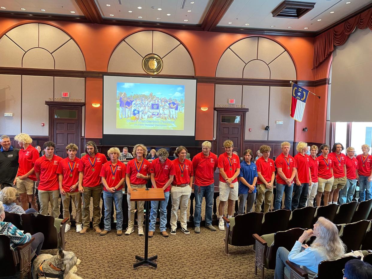 West Henderson's baseball team is recognized at the June 5 Henderson County Board of Commissioners meeting. West won the 3-A state title over the weekend in Burlington.