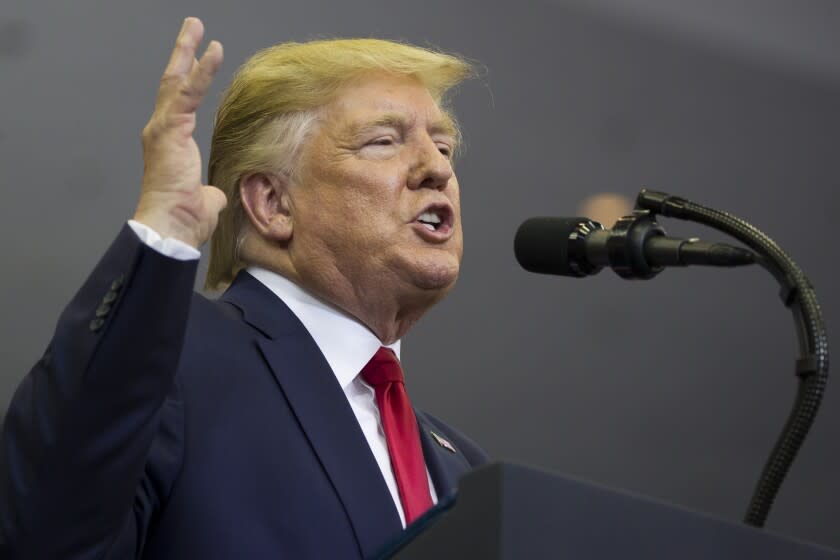 President Donald Trump speaks at a campaign rally Thursday, Aug. 1, 2019, in Cincinnati. (AP Photo/Alex Brandon)