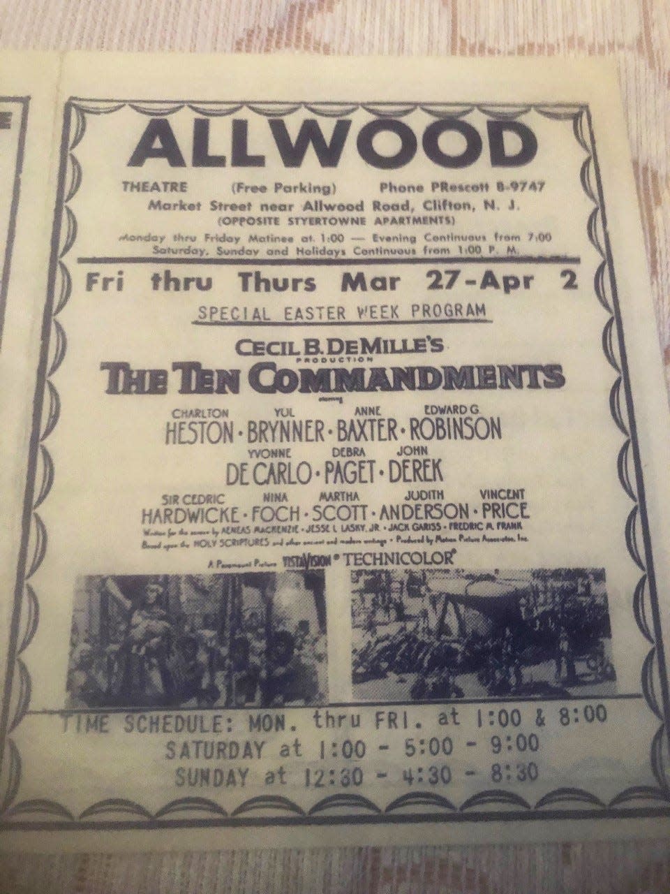 An ad for the show times for the Ten Commandments at Clifton's Allwood Theater. Not sure when ad was published but the movie came out in 1956.