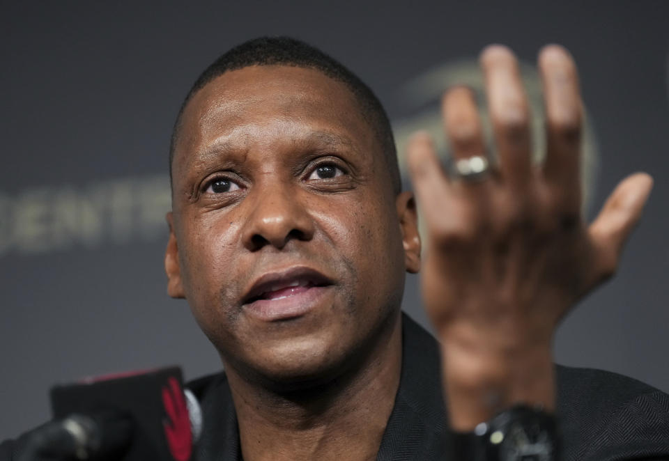 Toronto Raptors NBA basketball team President Masai Ujiri speaks to the media regarding the recent trades in Toronto, Thursday, Jan. 18, 2024. (Nathan Denette/The Canadian Press via AP)