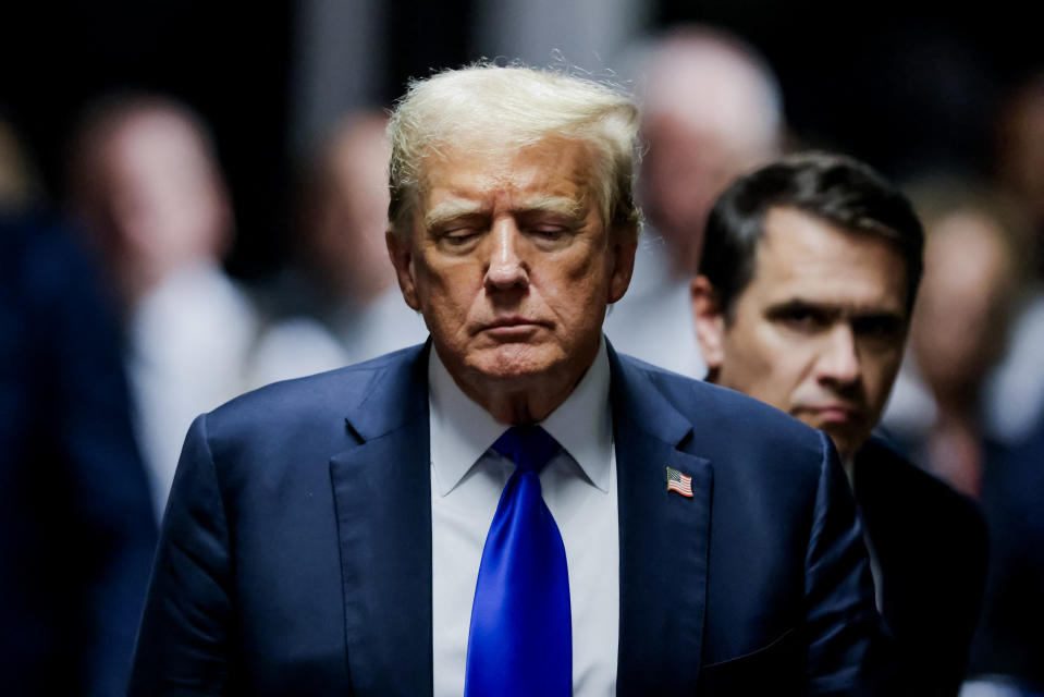 Former US President and Republican presidential candidate Donald Trump walks to speak to the press after he was convicted in his criminal trial at Manhattan Criminal Court in New York City, on May 30, 2024. A New York jury convicted Donald Trump on all charges in his hush money case on May 30, 2024 in a seismic development barely five months ahead of the election where he seeks to recapture the White House. (Photo by JUSTIN LANE / POOL / AFP) (Photo by JUSTIN LANE/POOL/AFP via Getty Images)