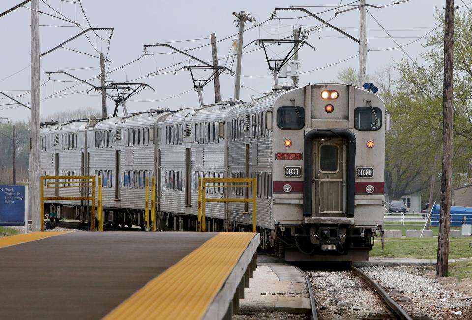 The weekday South Shore train arrives Tuesday, April 25, 2023, at the South Bend International Airport terminal in South Bend. 