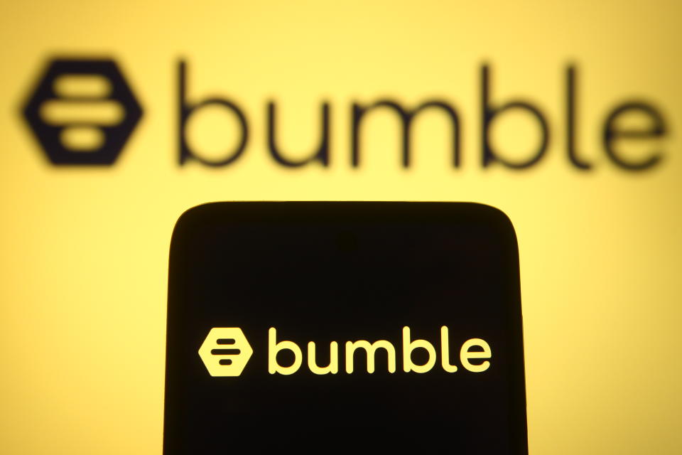 UKRAINE - 2021/04/11: In this photo illustration the Bumble logo of an US social media company is seen on a smartphone and a pc screen. (Photo Illustration by Pavlo Gonchar/SOPA Images/LightRocket via Getty Images)