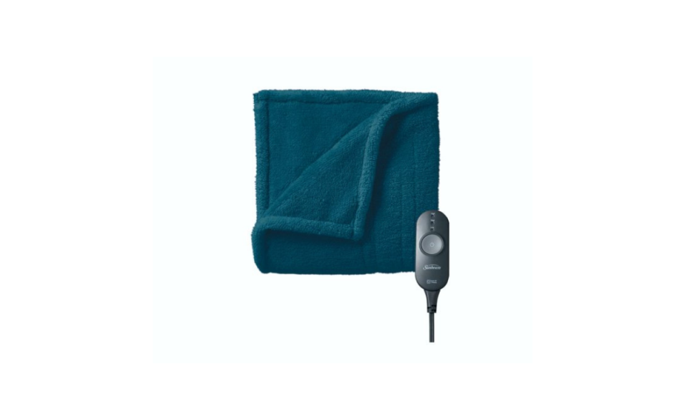 Teal folded blanket with heater control. 