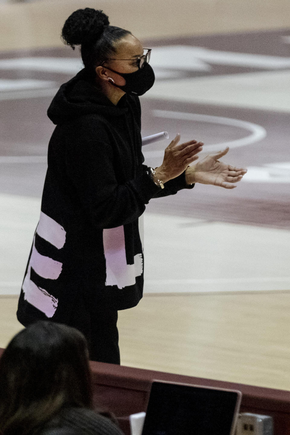 South Carolina head coach Dawn Staley calls to her team during the first half of an NCAA college basketball game against Alabama, Monday, Jan. 4, 2021, in Tuscaloosa, Ala. (AP Photo/Vasha Hunt)