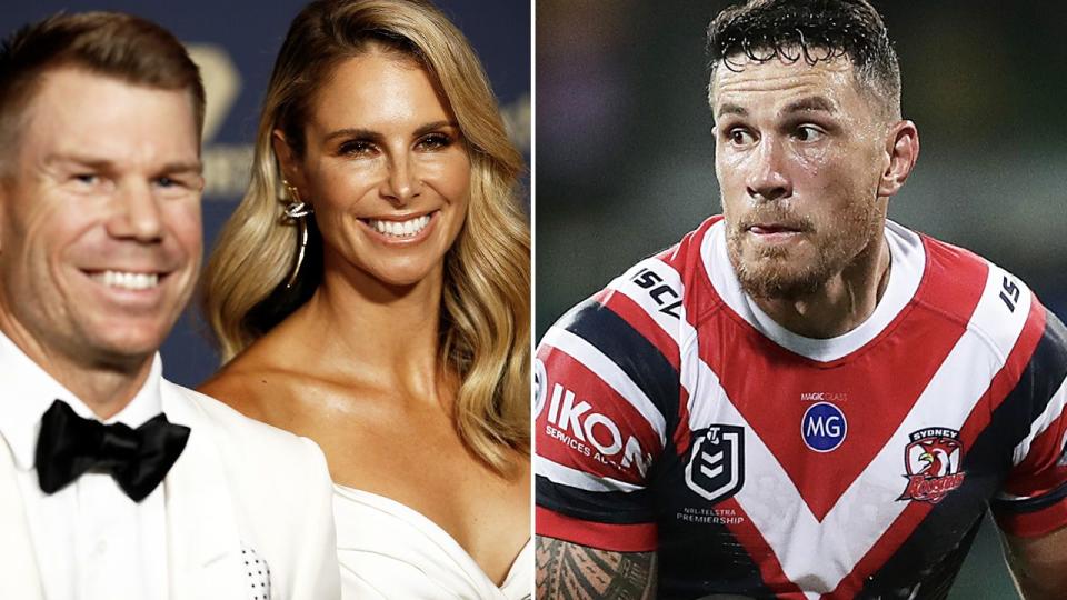 Candice Warner is seen alongside husband David, with Sonny Bill Williams on the right.