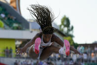 Tara Davis competes during the finals of the women's long jump at the U.S. Olympic Track and Field Trials Saturday, June 26, 2021, in Eugene, Ore. (AP Photo/Charlie Riedel)