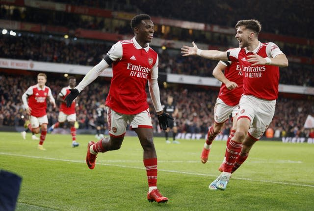 Arsenal’s Eddie Nketiah celebrates scoring against West Ham