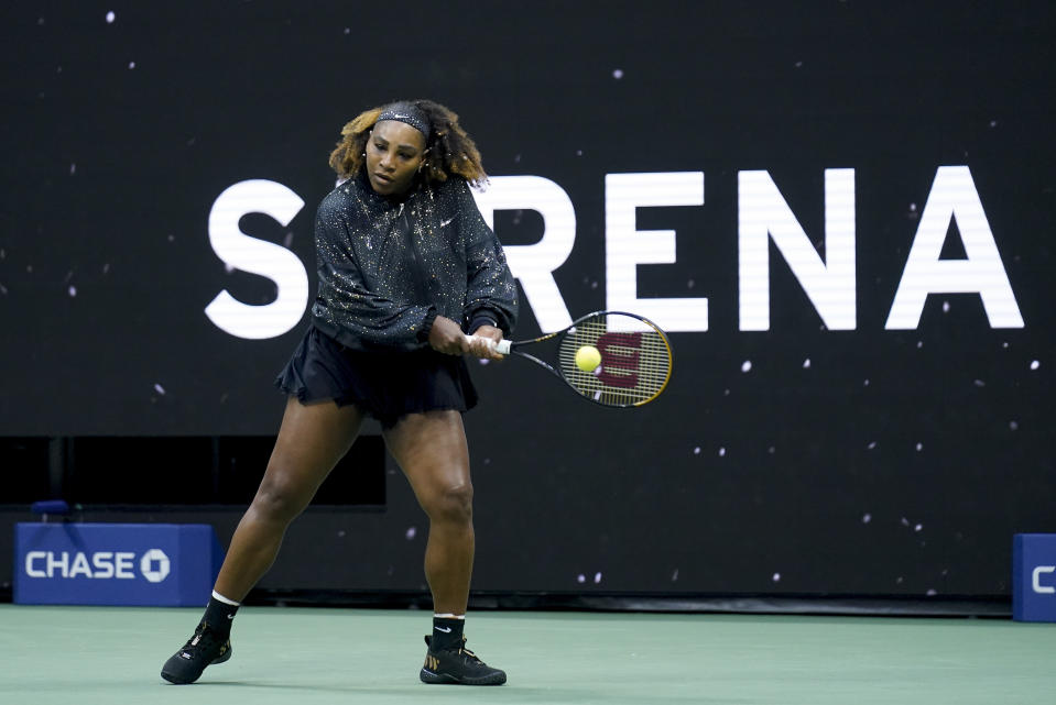 Serena Williams, of the United States, warms up before playing against Anett Kontaveit, of Estonia, during the second round of the U.S. Open tennis championships, Wednesday, Aug. 31, 2022, in New York. (AP Photo/Seth Wenig)