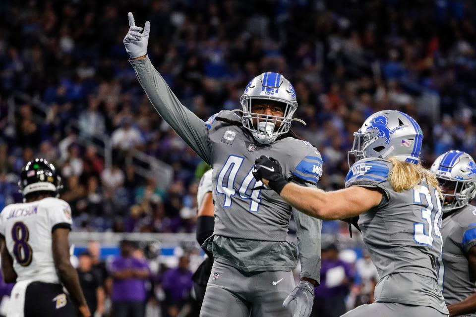 Lions linebacker Jalen Reeves-Maybin celebrates a play against the Ravens during the first half of the Lions' 19-17 loss at Ford Field on Sunday, Sept. 26, 2021.