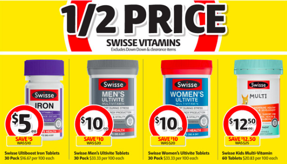 Swisse vitamin supplements selling for half-price at Coles.