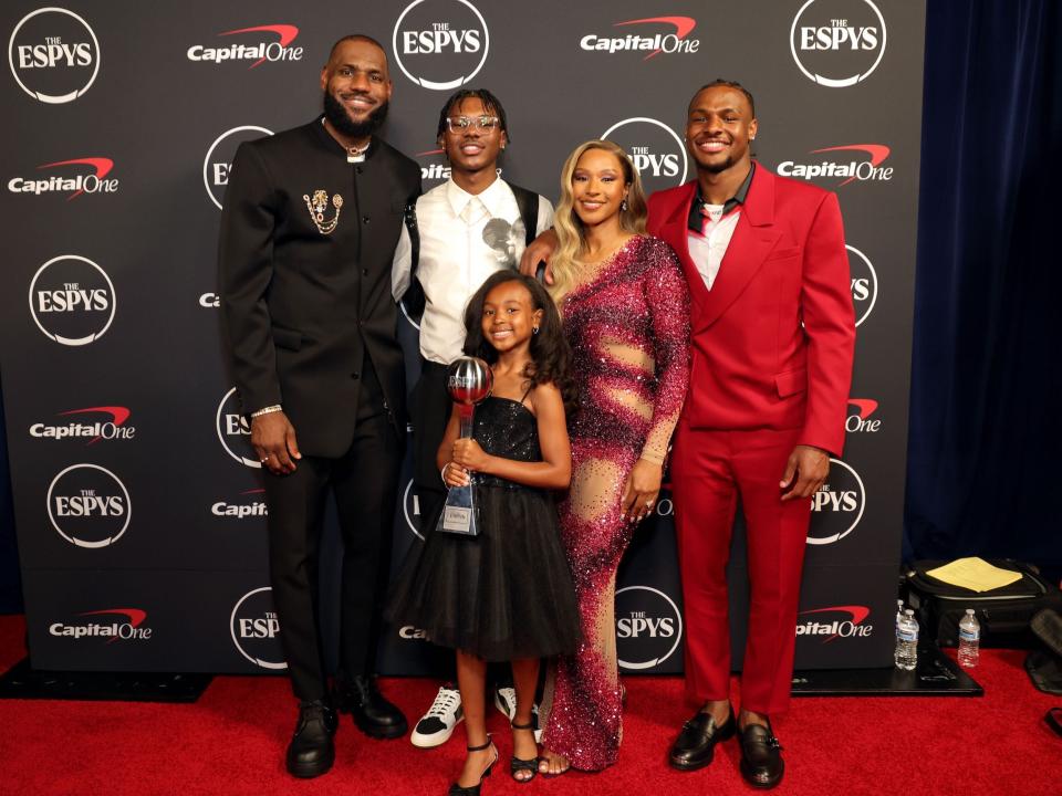 LeBron James with his wife, Savannah, and their three children at the 2023 ESPYs.