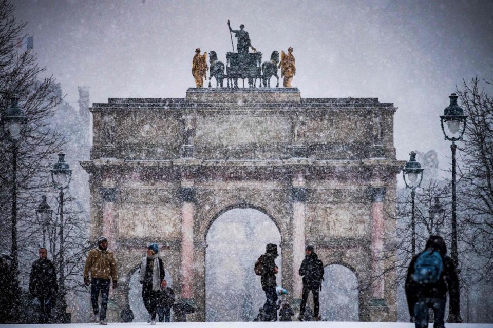 France: Tourists are pictured in the Tuileries garden as snow falls over Paris (AFP/Getty Images)